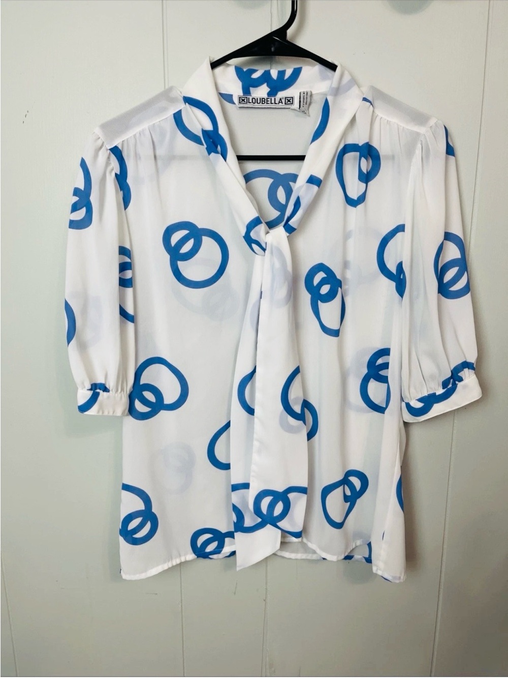 Vintage Loubella Expendables white with Blue circles Blouse Size 10